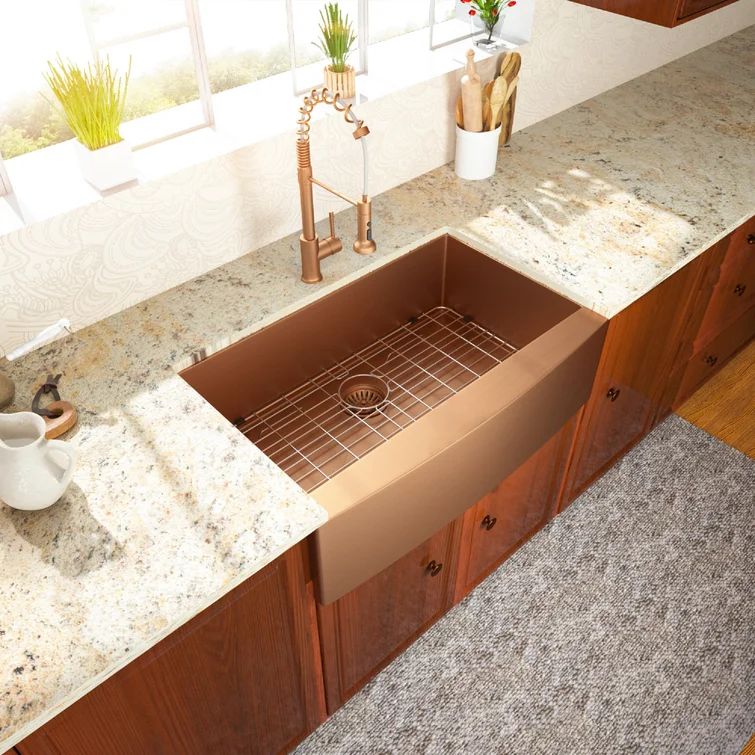 36in W x 21in D Farmhouse Kitchen Sink with Bottom Grid Rose Gold Apron Front Single Bowl from Lordear