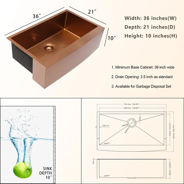 36in W x 21in D Farmhouse Kitchen Sink with Bottom Grid Rose Gold Apron Front Single Bowl  from Lordear