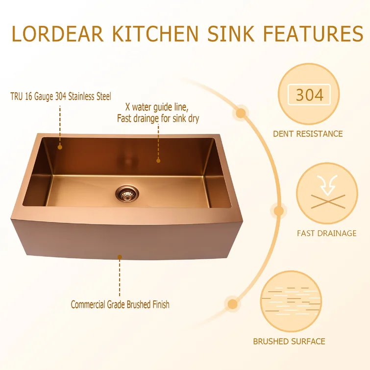 36in W x 21in D Farmhouse Kitchen Sink with Bottom Grid Rose Gold Apron Front Single Bowl  from Lordear