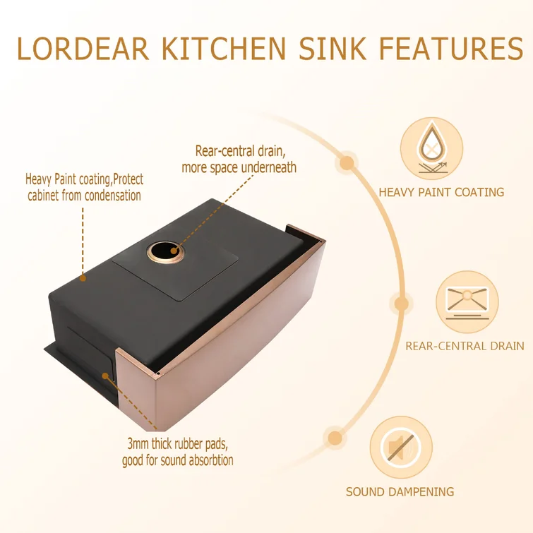 36in W x 21in D Farmhouse Kitchen Sink with Bottom Grid Rose Gold Apron Front Single Bowl  from Lordear