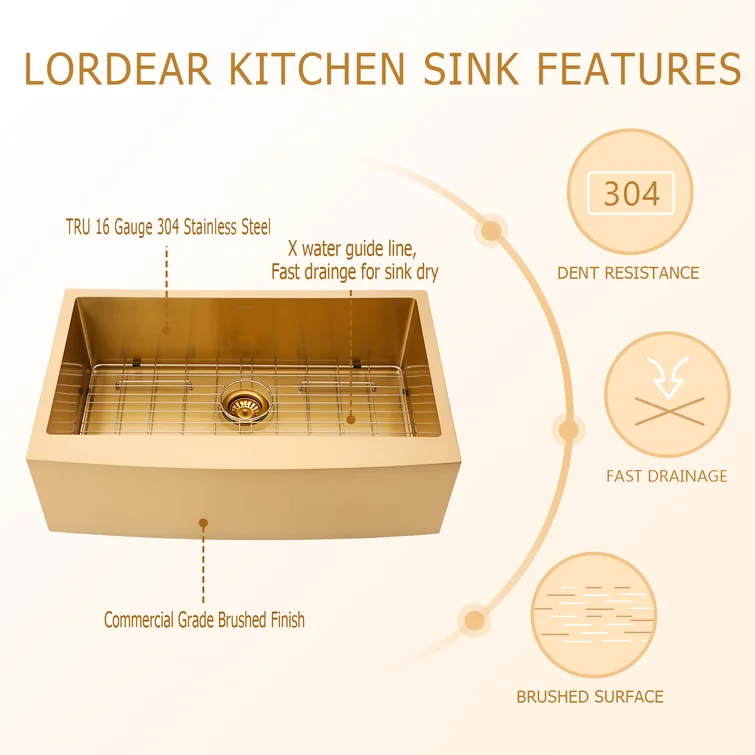 33in W x 21in D Farmhouse Kitchen Sink Gold Stainless Steel with Sink Grid and Drain Assembly Apron Front  from Lordear