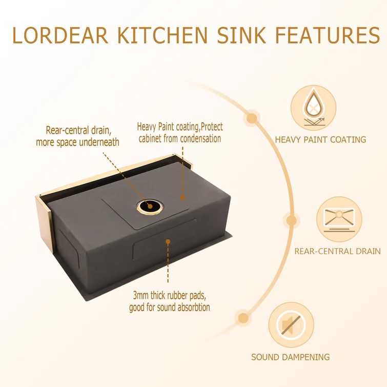 33in W x 21in D Farmhouse Kitchen Sink Gold Stainless Steel with Sink Grid and Drain Assembly Apron Front  from Lordear