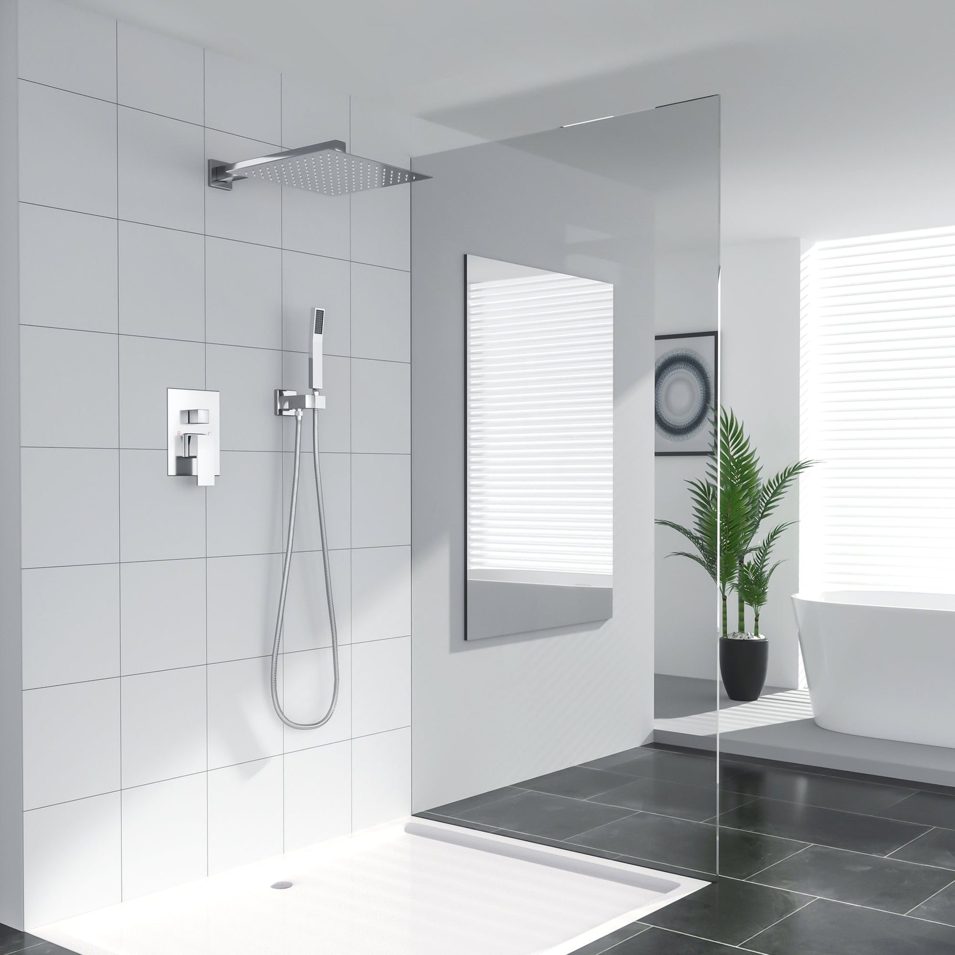 12 Inch Rainfall Square Shower Head System with Handheld Shower Wall Mounted in Chrome Polish  from Lordear