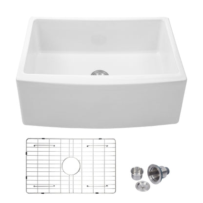 24 Inch Farmhouse Kitchen Sink White Ceramic Single Bowl  with Accessories Apron Front  from Lordear