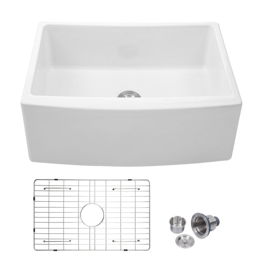 24 Inch Farmhouse Kitchen Sink White Ceramic Single Bowl  with Accessories Apron Front  from Lordear