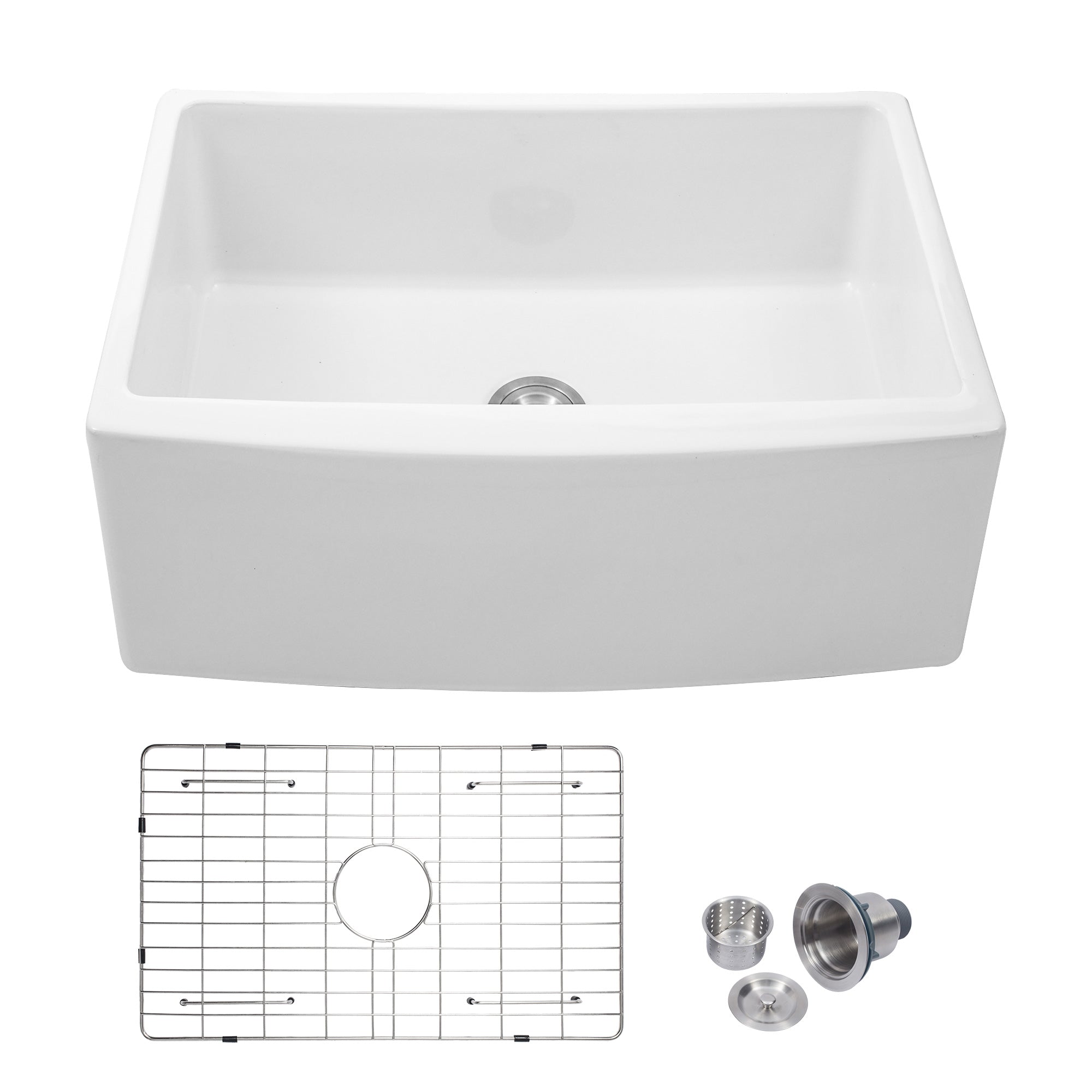 24 Inch Farmhouse Kitchen Sink White Ceramic Single Bowl with Accessories Apron Front from Lordear