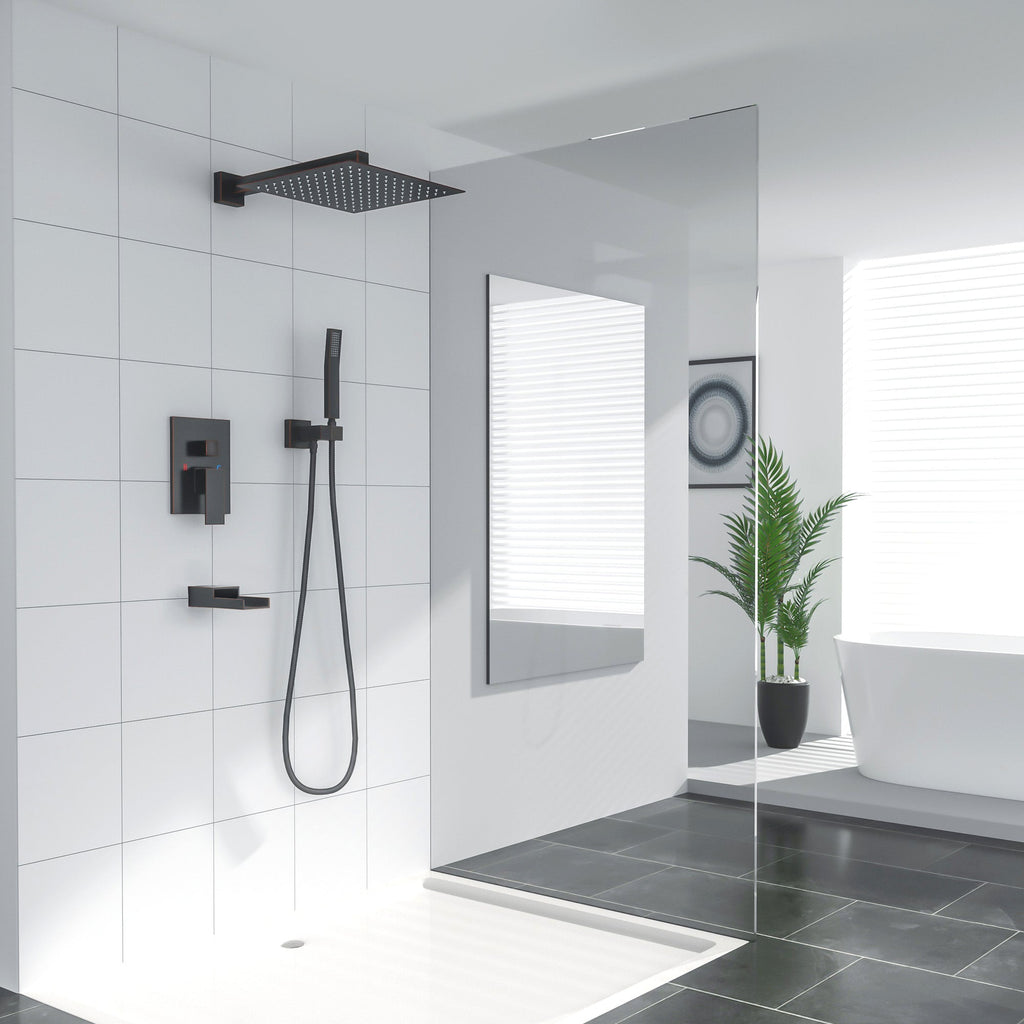 10 Inch Rainfall Square Shower Head System with Shower and Waterfall Faucet Wall Mounted in ORB from Lordear