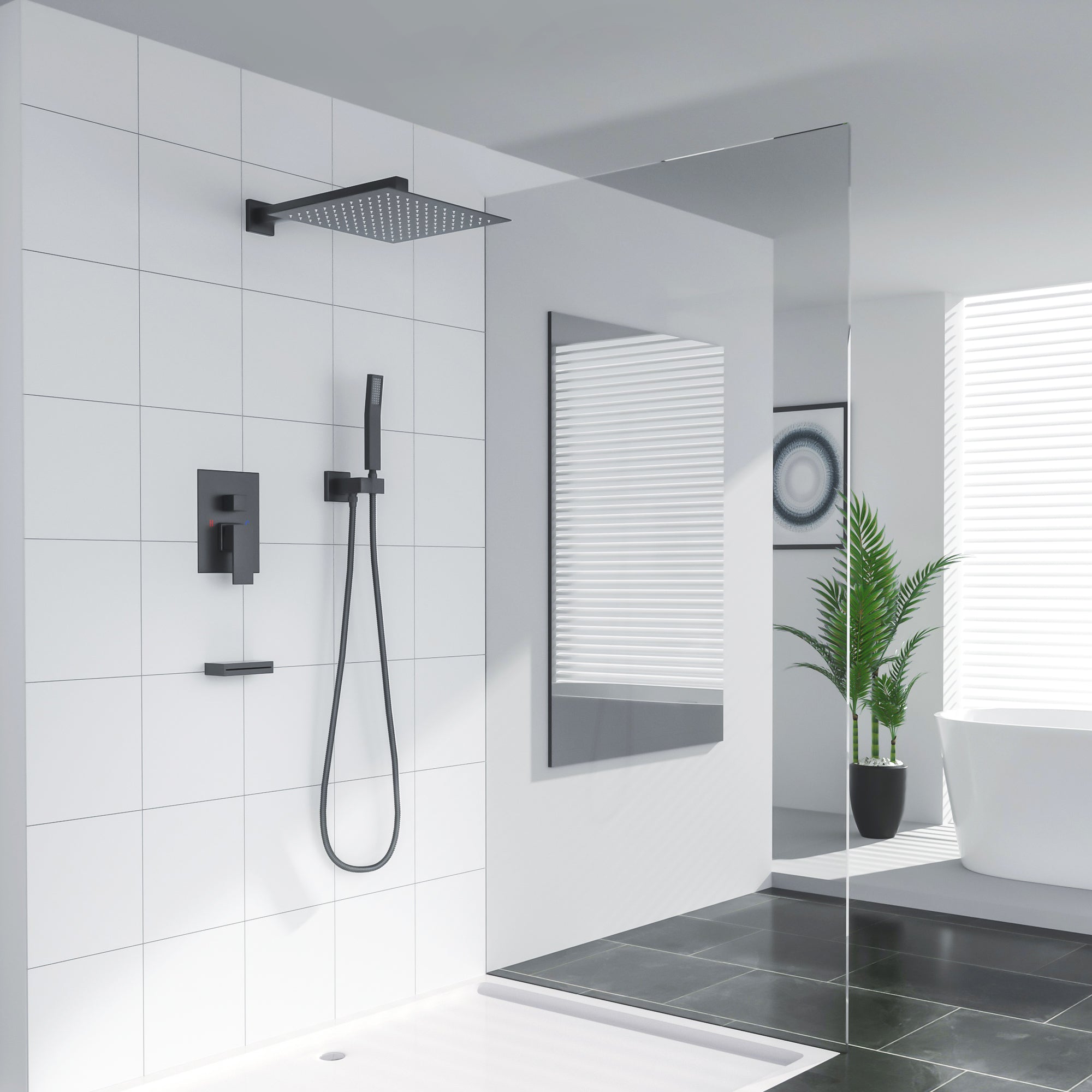 12 Inch Rainfall Square Shower Head System with Handheld and Linear Faucet Wall Mounted | Shower Faucets & System | Lordear