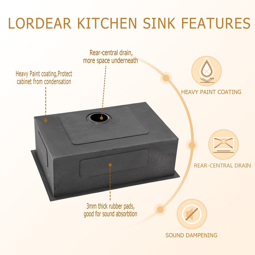 Lordear 32"x19"x9" Undermount Single Bowl Kitchen Sink Black Stainless Steel Sink with Drainer from Lordear