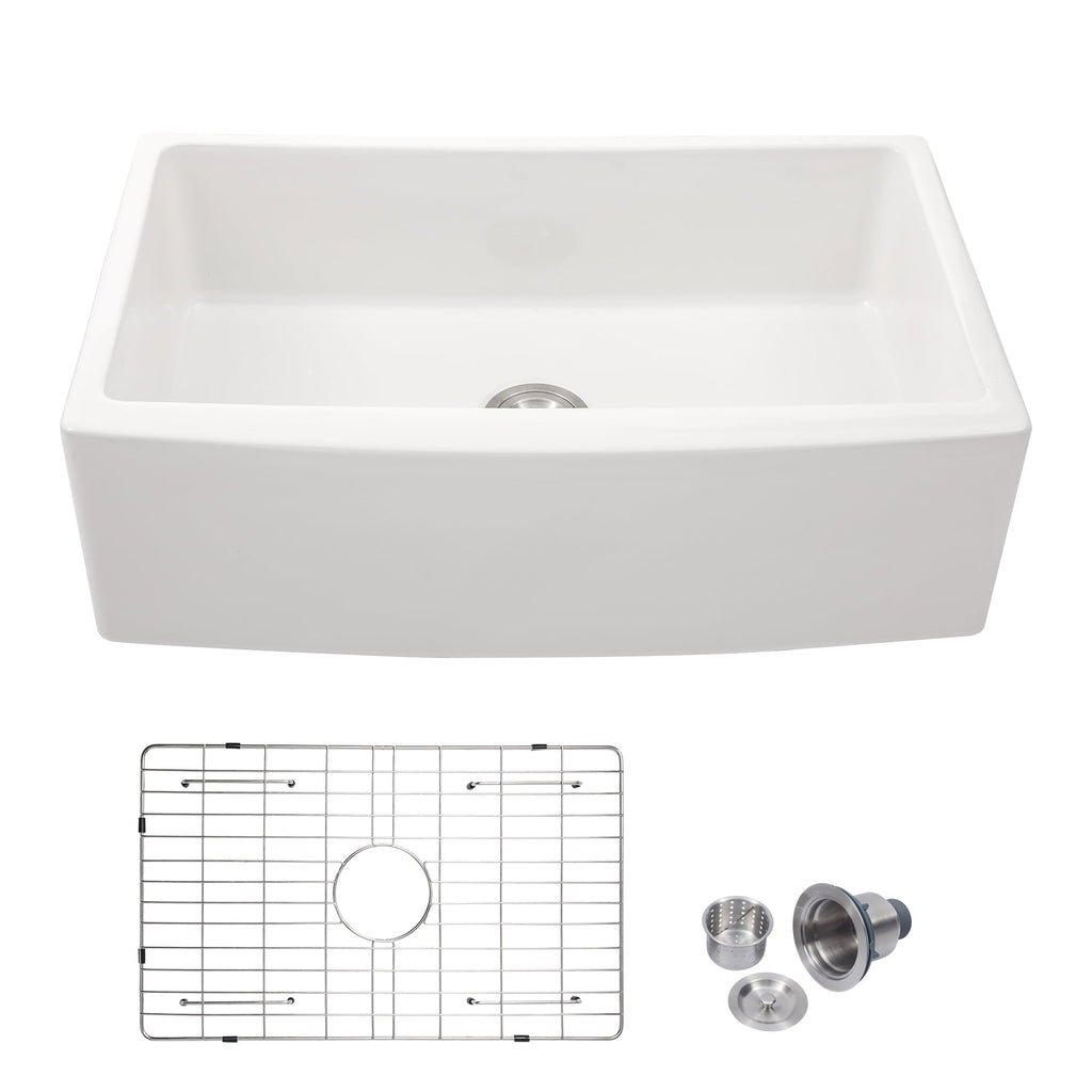 33"x21" Ceramic Sink Single Bowl with Grid Strainer White Apron Front for Kitchenroom from Lordear