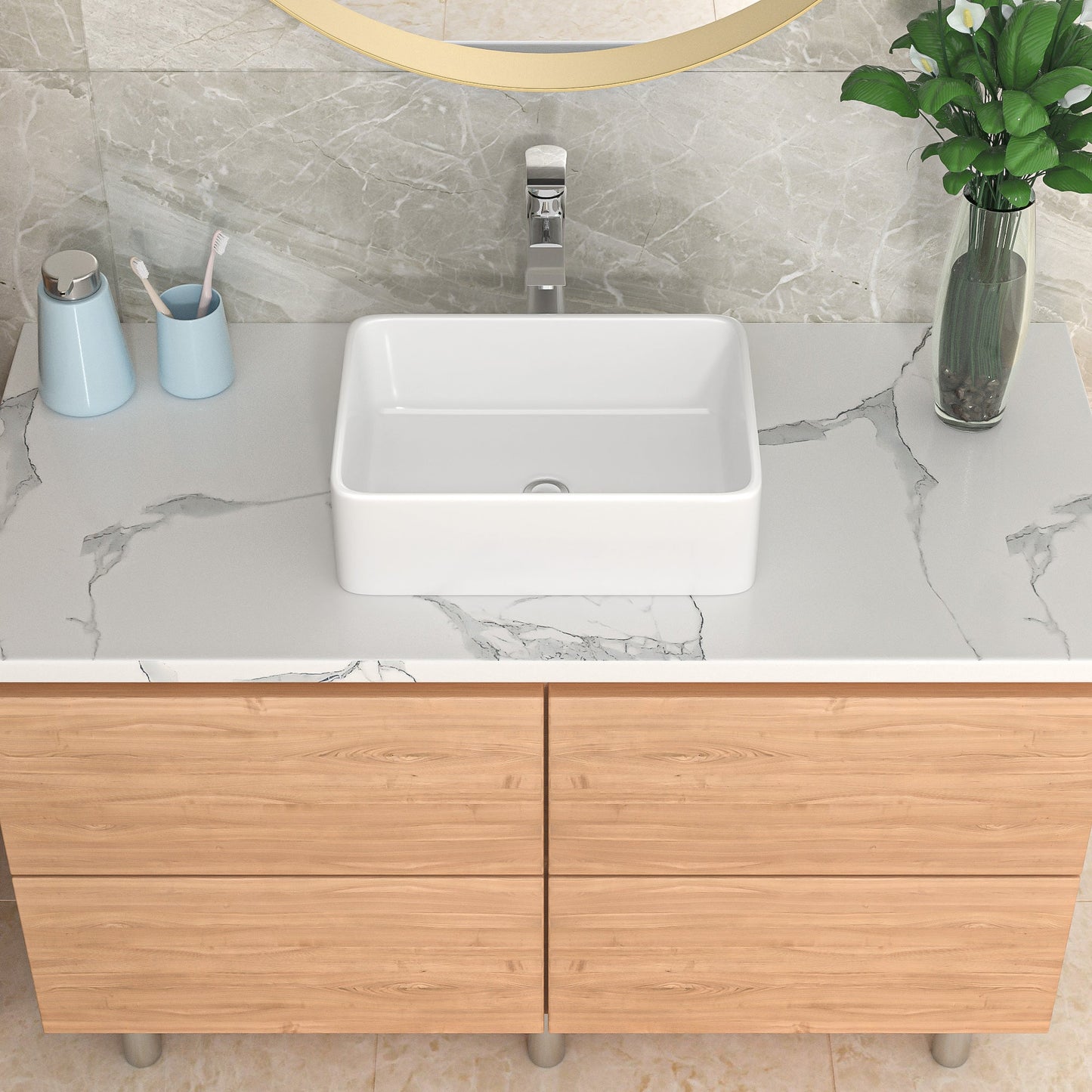 19in W X 14-1/2in D Bathroom Vessel Sink with Sink Faucet Above Counter White Ceramic Modern Classic  from Lordear