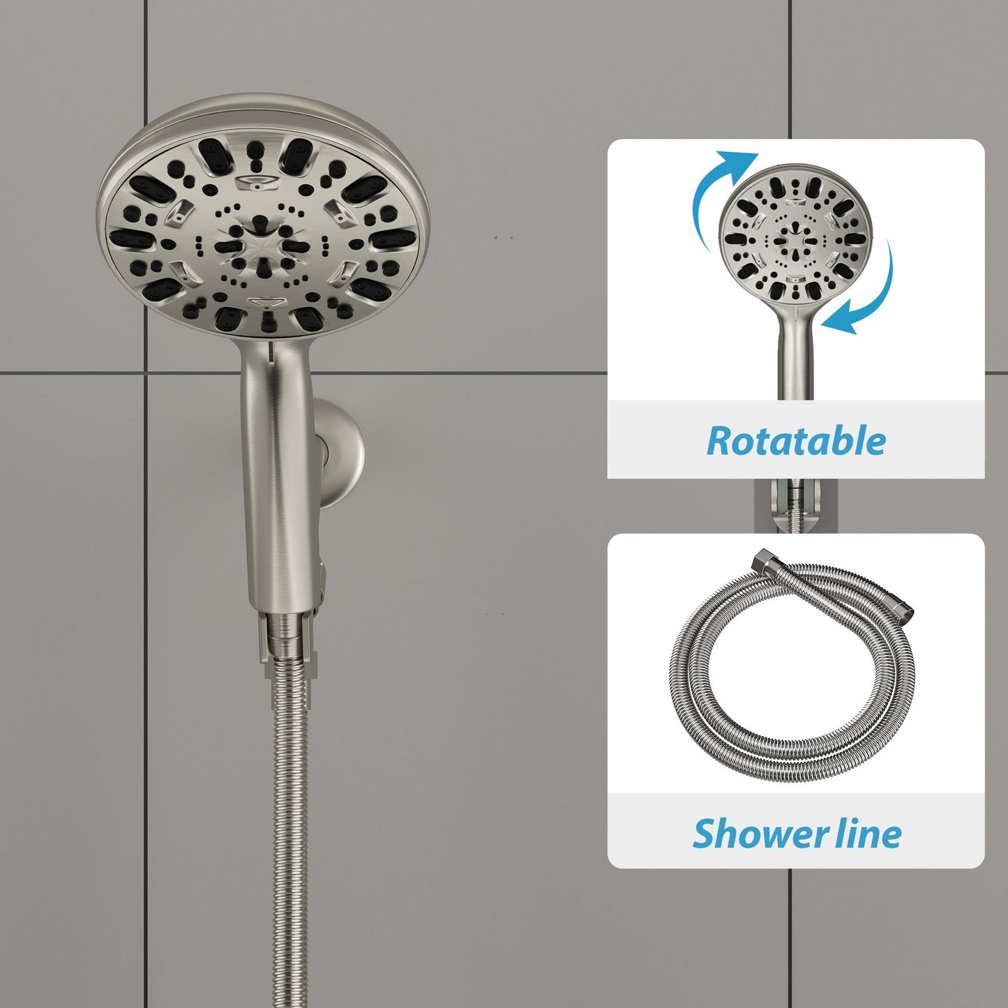 5 Inch Rainfall Round Handheld Shower Head with Shower Arm and Shower Hose 7-Mode | Shower Faucets & System | Lordear