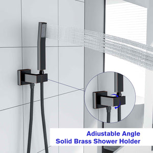 10 Inch Rainfall Square Shower Head System with Shower and Waterfall Faucet Wall Mounted in ORB | 10 Inch Shower System, Bath, Bathroom, Bathroom Faucet, computer monitor accessory, electronic device, Faucet, Handheld Shower, output device, product, Rainfall Shower System, Shower, Shower Faucets & Systems, Shower Head, Shower System | Lordear