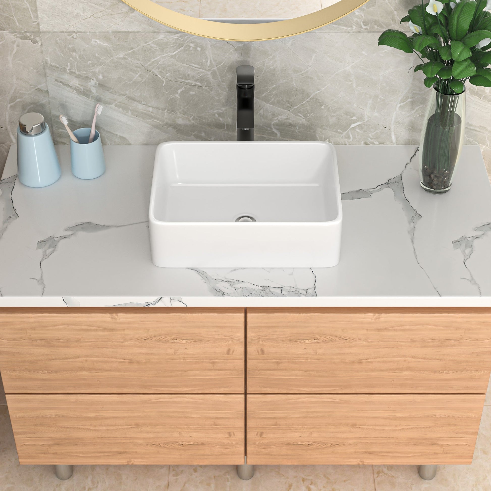 19in W X 14-1/2in D Bathroom Vessel Sink with Sink Faucet Above Counter White Ceramic Modern Classic  from Lordear