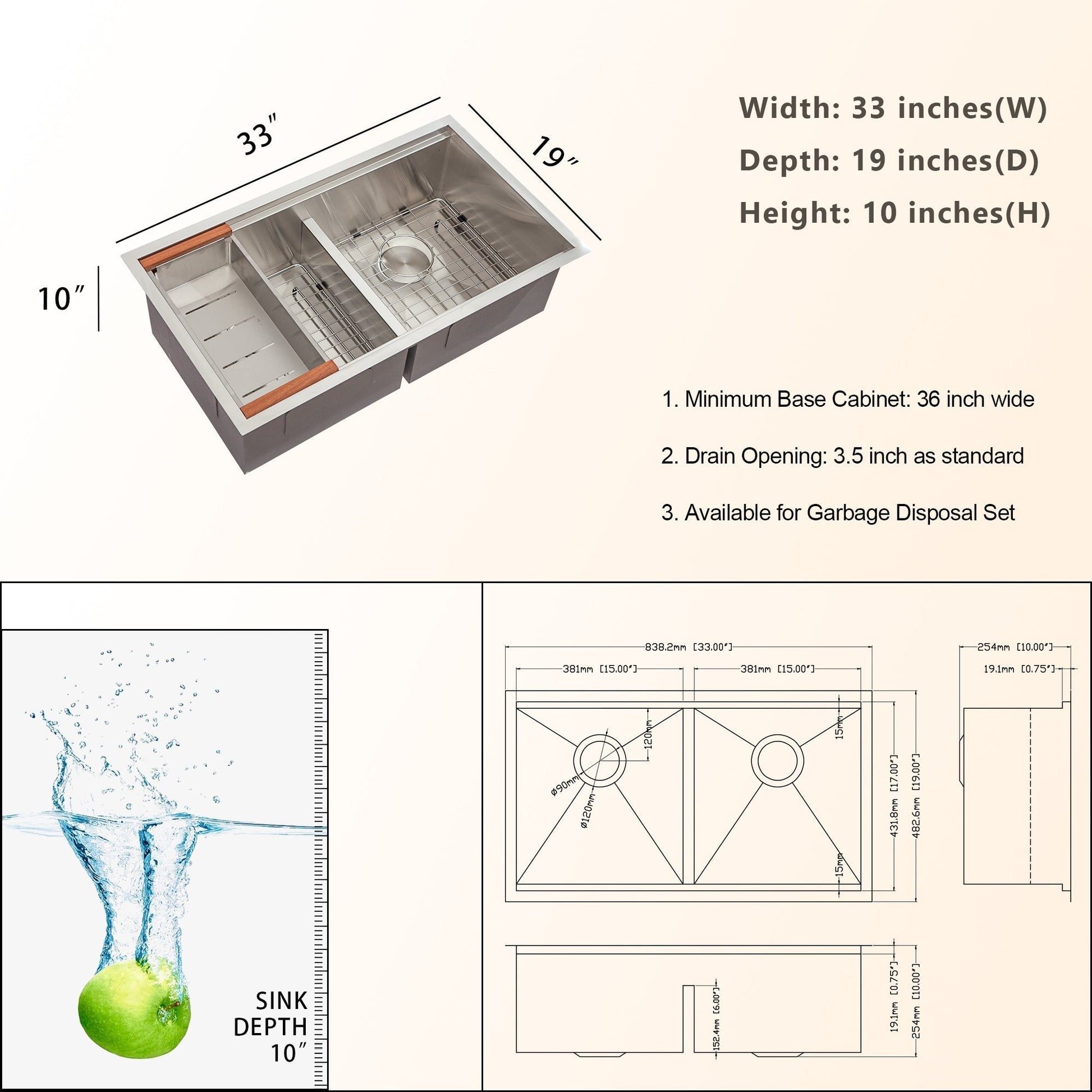 30/33in W x 19in D Stainless Steel Kitchen Sink Double Equal Bowl 50/50 Undermount  from Lordear