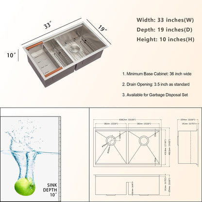 30/33in W x 19in D Stainless Steel Kitchen Sink Double Equal Bowl 50/50 Undermount  from Lordear