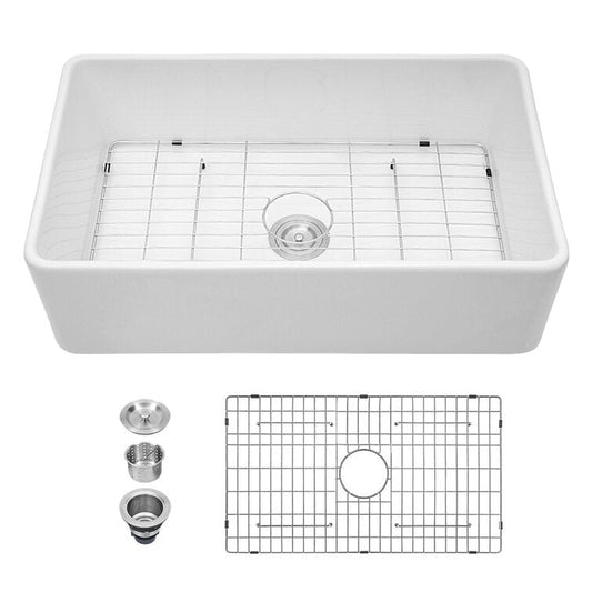 33in W x 20in D Farmhouse Kitchen Sink Ceramic with Sink Grid and Drain Assembly Apron Front  from Lordear