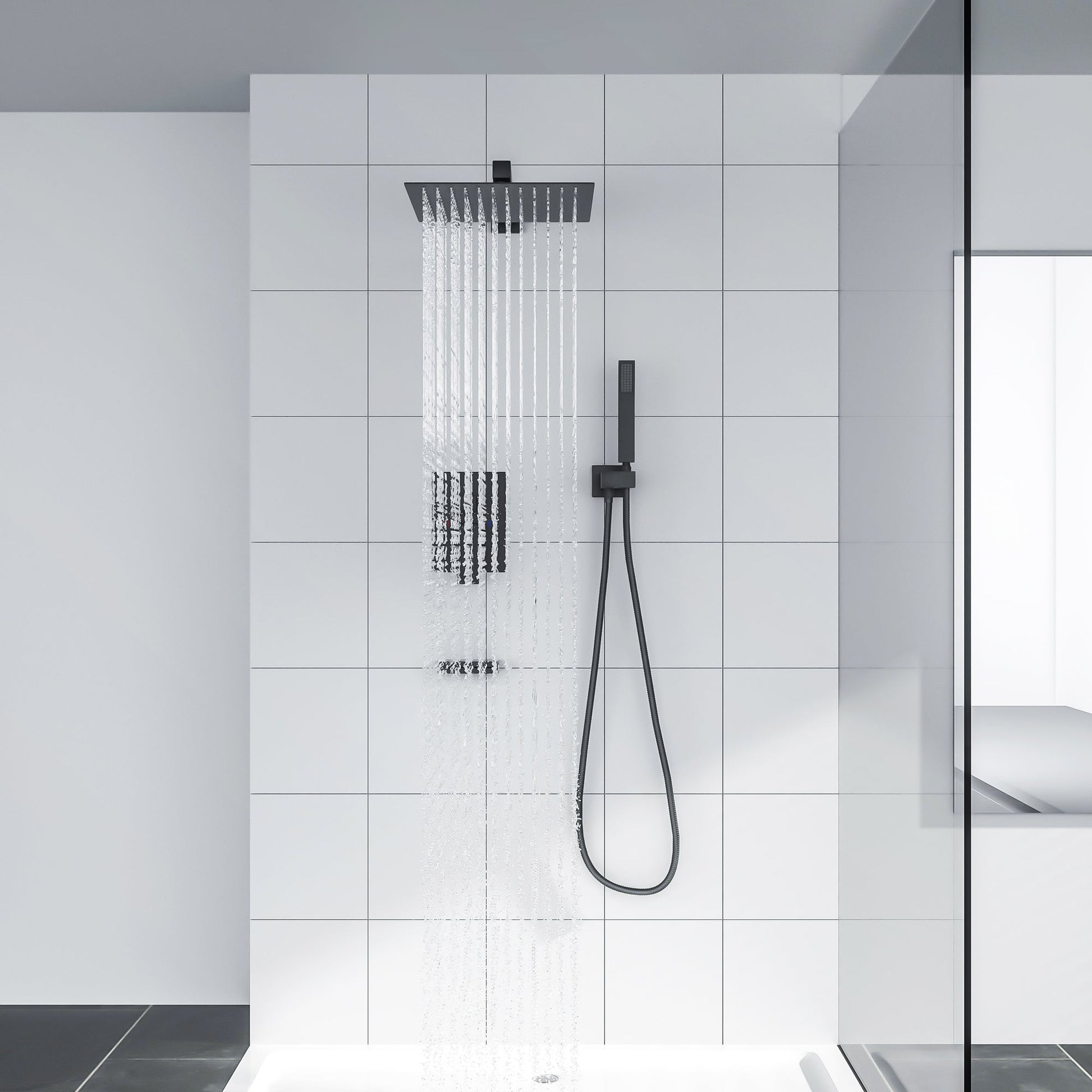 12 Inch Rainfall Square Shower Head System with Handheld and Linear Faucet Wall Mounted | 12 Inch Shower System, Bath, Bathroom, Bathroom Faucet, Complete Shower System, Handheld Shower, Linear Faucet, Rainfall Shower System, Shower, Shower Faucets & Systems, Shower Head, Shower System | Lordear