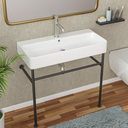 32in W X 17in D Console Bathroom Sink Ceramic Rectangular with Overflow in White Basin  from Lordear