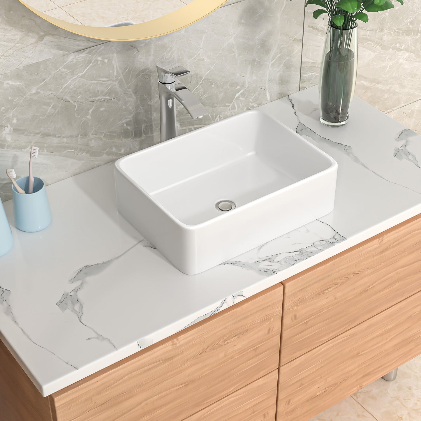 19in W X 14-1/2in D Bathroom Vessel Sink with Sink Faucet Above Counter White Ceramic Modern Classic  from Lordear