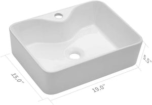 Lordear Bathroom Vessel Sink - Rectangle Above Counter White Porcelain Ceramic Modern Vanity Sink Art Basin with Faucet Hole | Bathroom Accessorie, Bathroom Sink | Lordear
