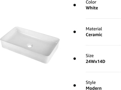 Vessel Sink Rectangle - Lordear 24 Inch Bathroom Sink Modern Large Rectangular Above Counter White Porcelain Ceramic Bathroom Vessel Vanity Sink Art Basin | Bathroom Sink | Lordear