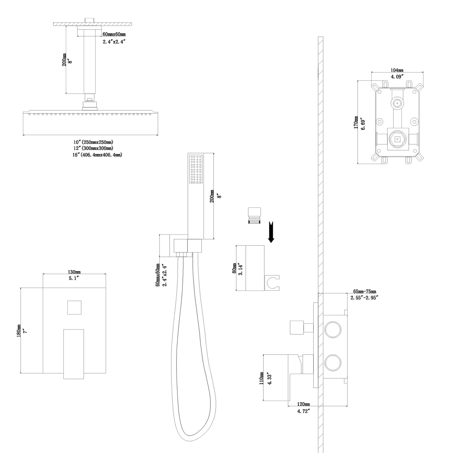 12 Inch Rainfall Suqare Shower System Shower Head and Handheld Shower Ceiling Mount | 12 Inch Shower System, Handheld Shower, Rain Shower Mixer Set, Rainfall Shower System, Shower Faucets & Systems, Shower Head, Square Shower Head | Lordear