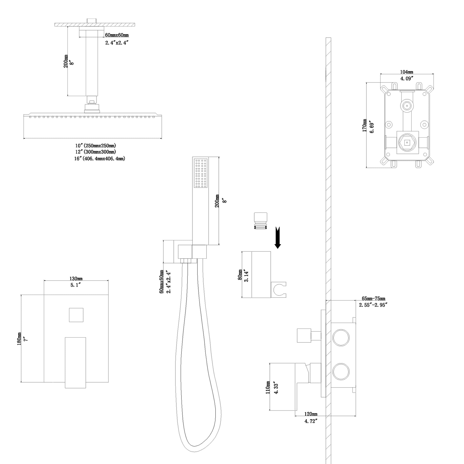 12 Inch Rainfall Suqare Shower System Shower Head and Handheld Shower Ceiling Mount | 12 Inch Shower System, Handheld Shower, Rain Shower Mixer Set, Rainfall Shower System, Shower Faucets & Systems, Shower Head, Square Shower Head | Lordear