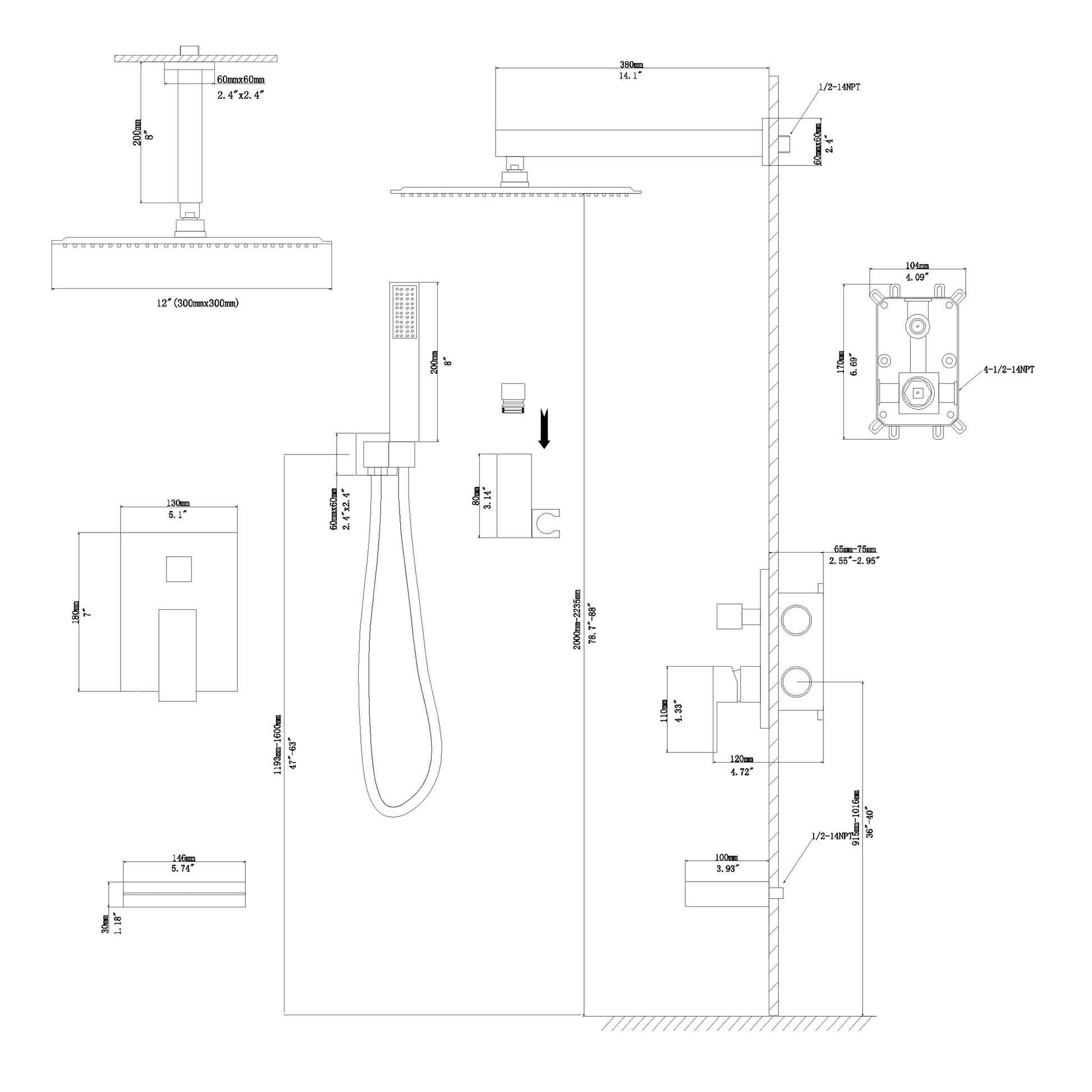 12 Inch Square Rainfall Shower Head System with Handheld Shower and Linear Faucet Ceiling Mounted  from Lordear