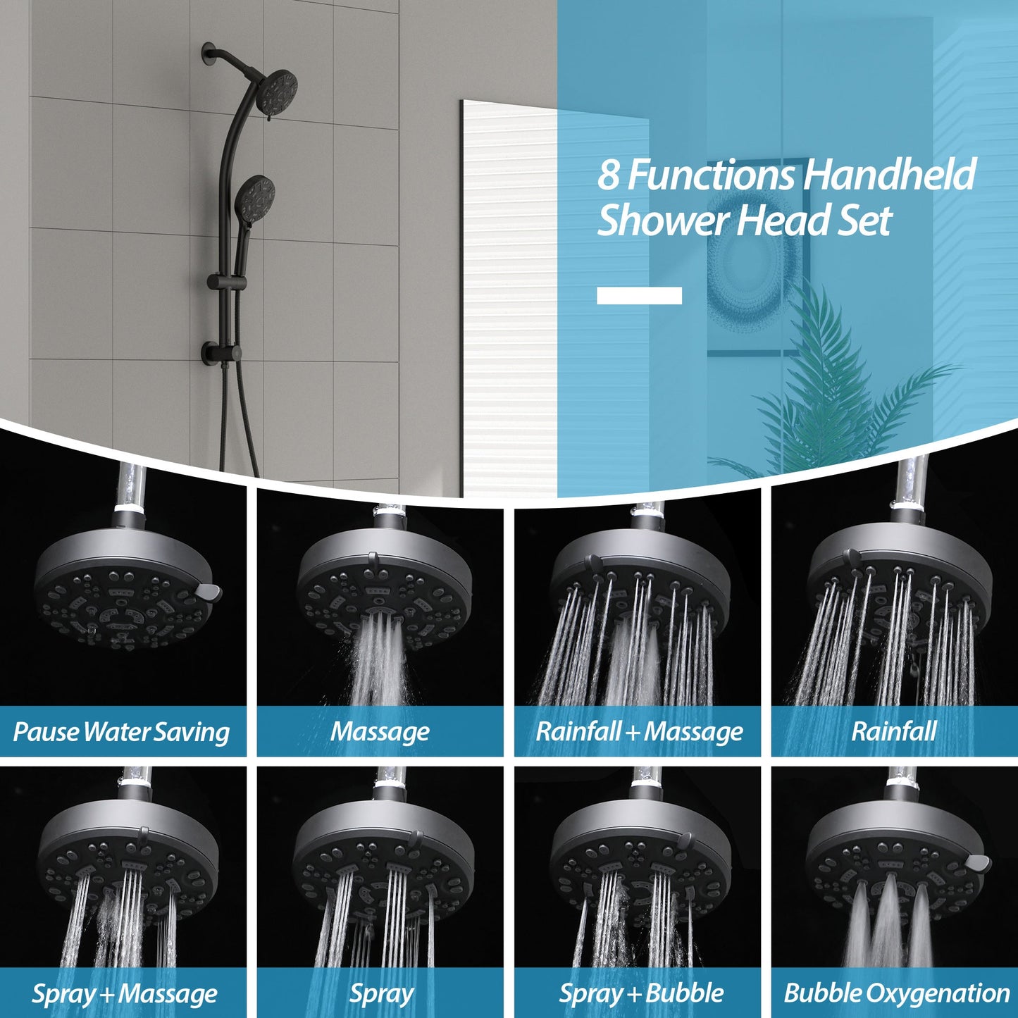 5 Inch Rainfall Round Shower Head Mixer Set and Handheld Shower 8-Mode  from Lordear