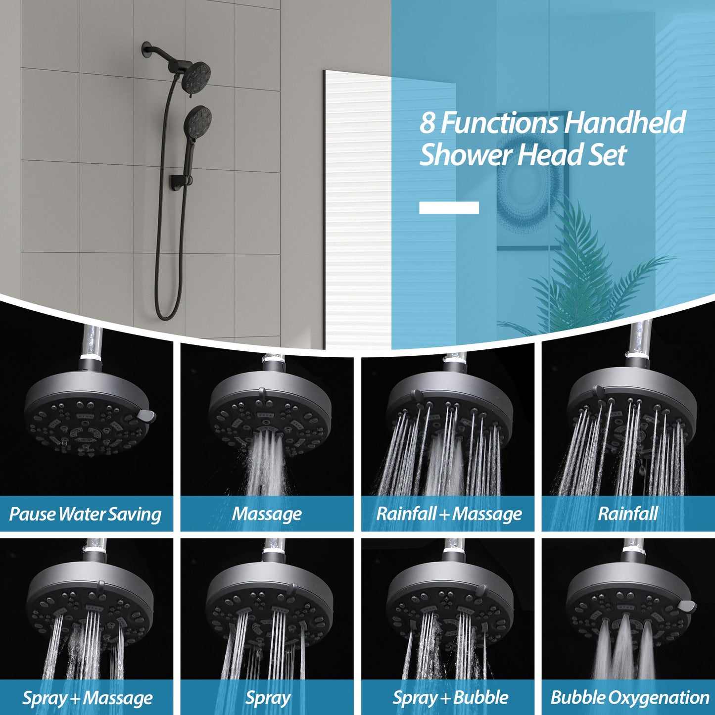 5 inch Round Bathroom Rainfall Shower Head Mixer Set and Handheld Shower 8-Mode Wall Mounted | 5 Inch Shower System, Bath, Btahroom, Handheld Shower, Multi Function Rain Shower Head, over Bath Shower System, Rain Shower Mixer Set, Rainfall Shower Head, Rainfall Shower System, Shower, Shower Faucets & Systems, Shower System | Lordear