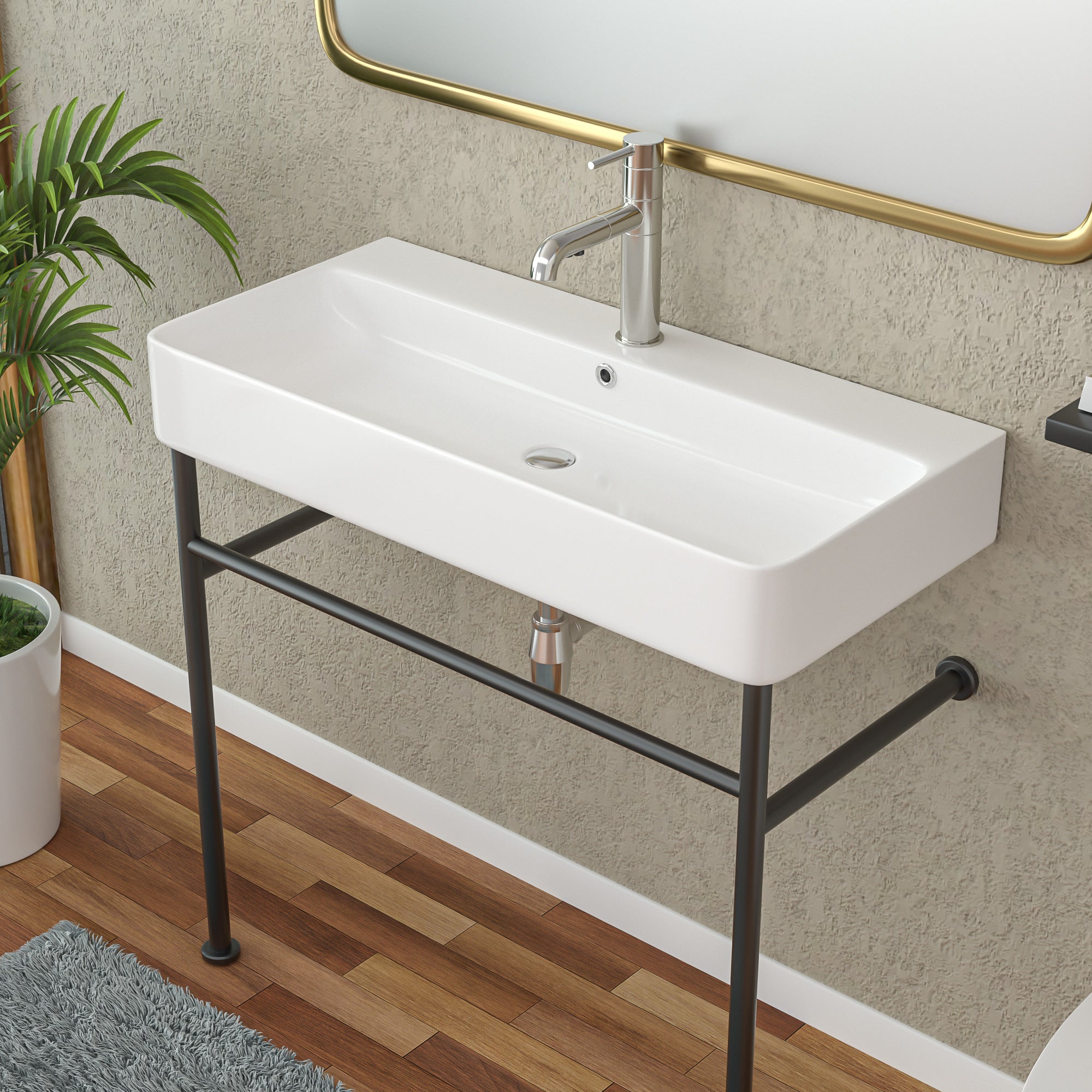 32'' W X 17'' D Console Bathroom Sink Ceramic Rectangular with Overflow in White Basin from Lordear