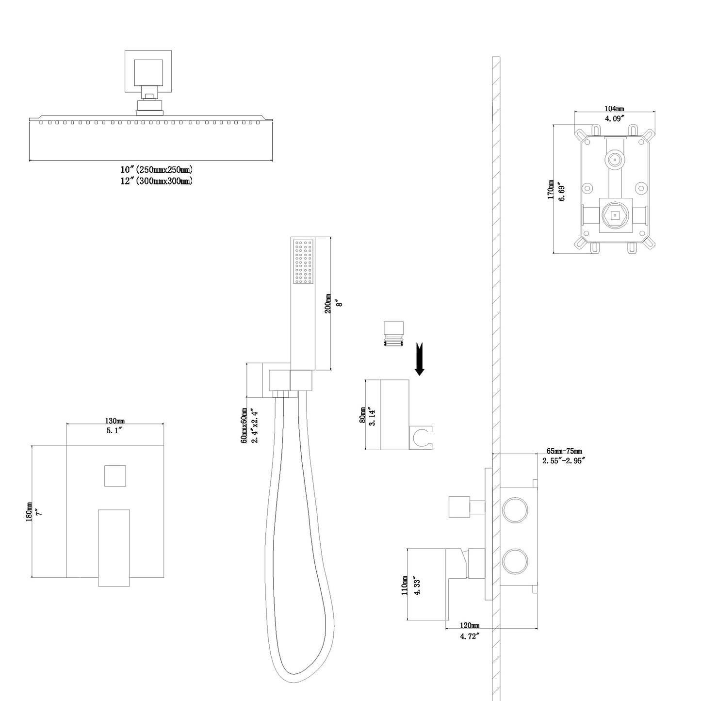 12 Inch Rainfall Square Shower System Shower Head with Handheld Shower Wall Mounted | 12 Inch Shower System, Bath, Bathroom, Complete Shower System, Handheld Shower, Rainfall Shower System, Shower, Shower Faucets & Systems, Shower Head, Shower System, Wall Mounted | Lordear