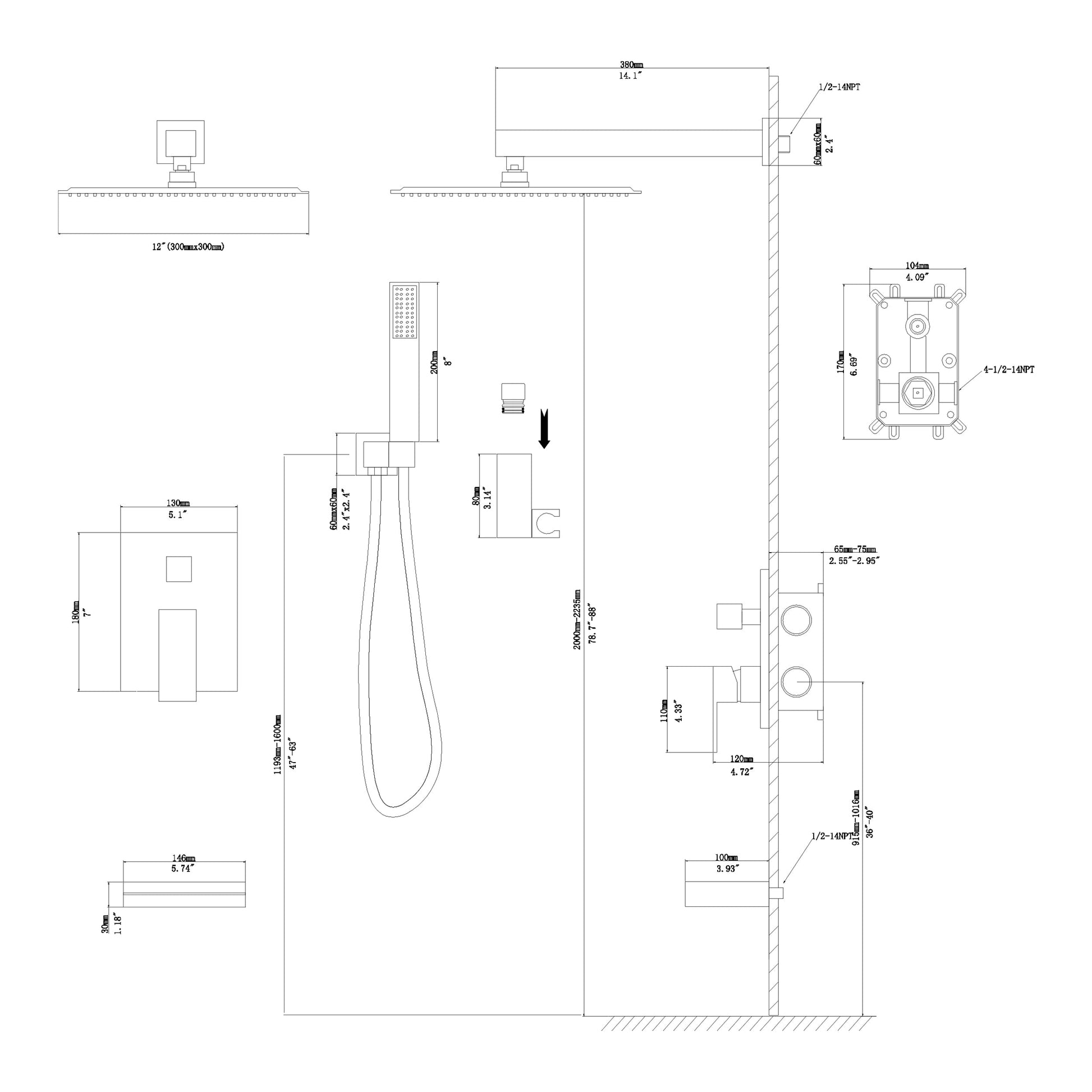 12 Inch Rainfall Square Shower Head System with Handheld and Linear Faucet Wall Mounted  from Lordear