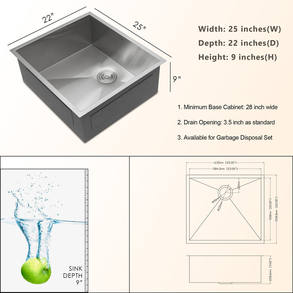 25 Inch Undermount Sink Deep Single Bowl Sink 18 Gauge Stainless Steel Kitchen Sink | Kitchen, Kitchen Sink, Kitchen Sinks, Stainless Steel Kitchen Sink | Lordear