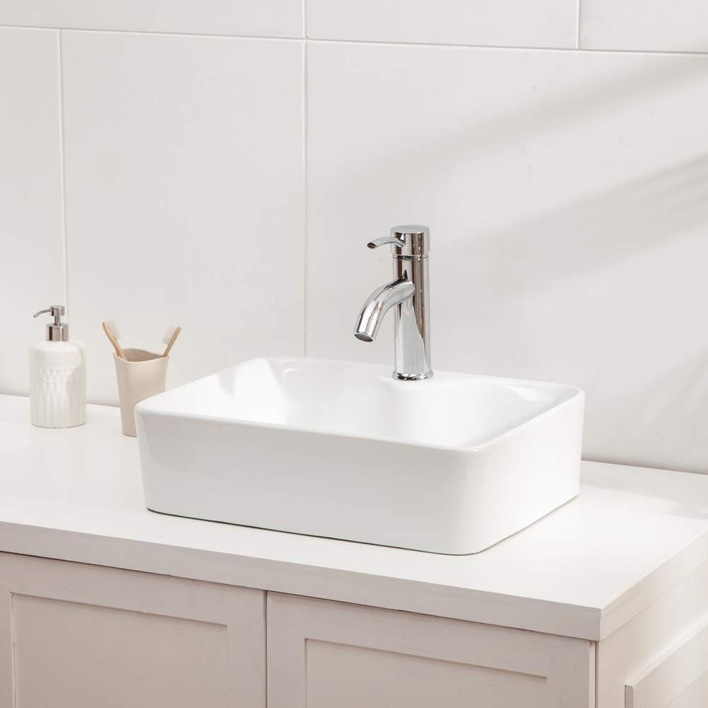 Lordear Bathroom Vessel Sink - Rectangle Above Counter White Porcelain Ceramic Modern Vanity Sink Art Basin with Faucet Hole | Bathroom Accessorie, Bathroom Sink | Lordear