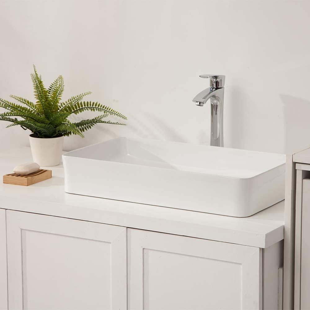 Vessel Sink Rectangle - Lordear 24 Inch Bathroom Sink Modern Large Rectangular Above Counter White Porcelain Ceramic Bathroom Vessel Vanity Sink Art Basin | Bathroom Sink | Lordear