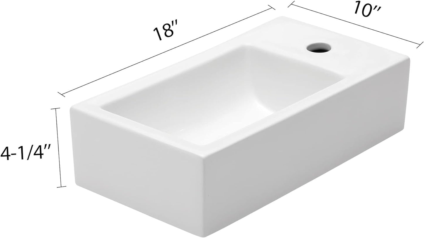 Lordear 18x10 Inch Rectangle Wall Mount Bathroom Sink with Single Faucet Hole White Porcelain Ceramic | Bathroom Sink | Lordear