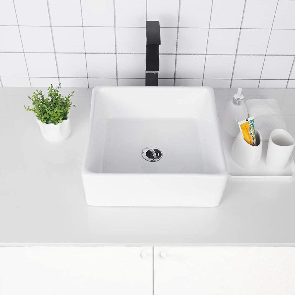 Lordear 15in x 15in x 5.5in Modern Square Above Counter White Ceramic Bathroom Vessel Vanity Sink Art Basin from Lordear