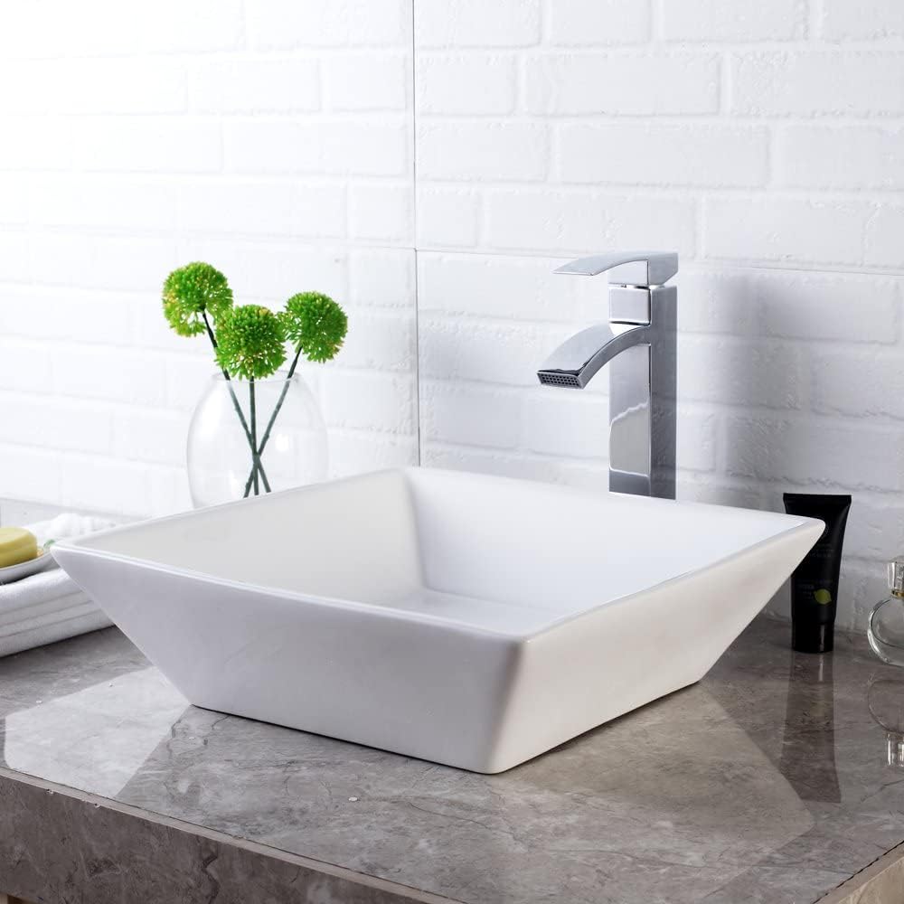 Bathroom Vessel Sink Square - Lordear 16 Inch Modern Square Above Counter White Porcelain Ceramic Bathroom Vessel Vanity Sink Art Basin | Bathroom Sink | Lordear