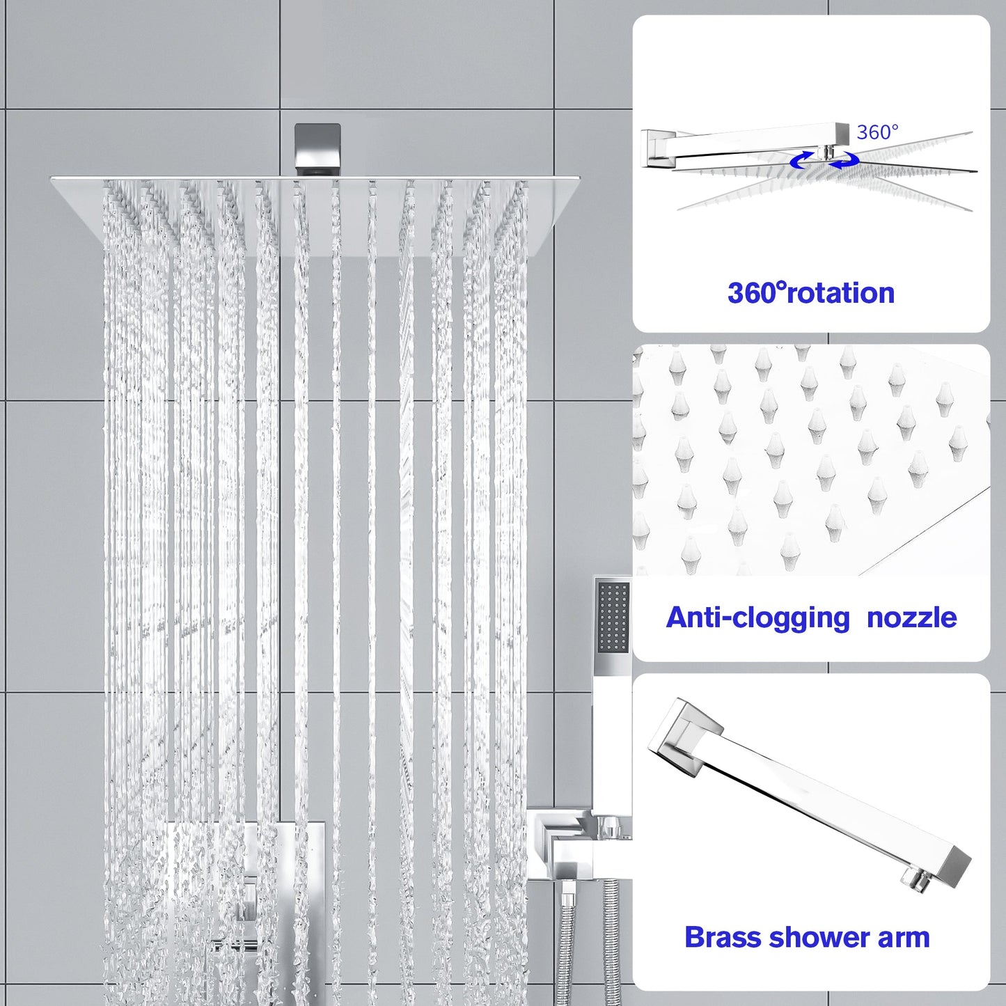 12 Inch Rainfall Square Shower Head System with Handheld Shower Wall Mounted in Chrome Polish | 12 Inch Shower System, Complete Shower System, Handheld Shower, over Bath Shower System, Rain Shower Head, Rain Shower Mixer Set, Rainfall Shower, Rainfall Shower Head, Rainfall Shower System, Shower, Shower Faucets & Systems, Shower Head, Shower Heads, Shower Room, Shower System, shower time, Square Shower Head | Lordear