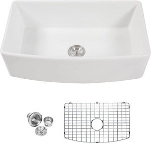 Lordear 33-Inch White Farmhouse Kitchen Sink with Curved Apron | Kitchen Apron Front Sink, Kitchen Farmhouse Sink | Lordear