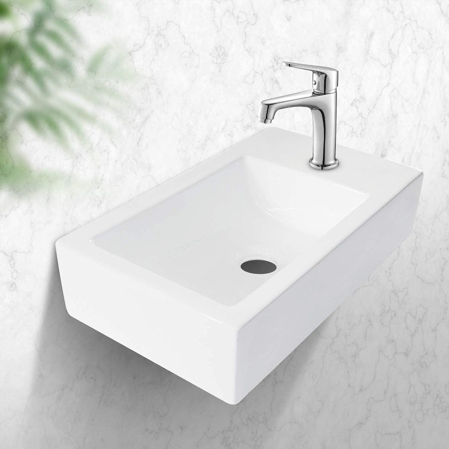 Lordear 18x10 Inch Rectangle Wall Mount Bathroom Sink with Single Faucet Hole White Porcelain Ceramic | Bathroom Sink | Lordear