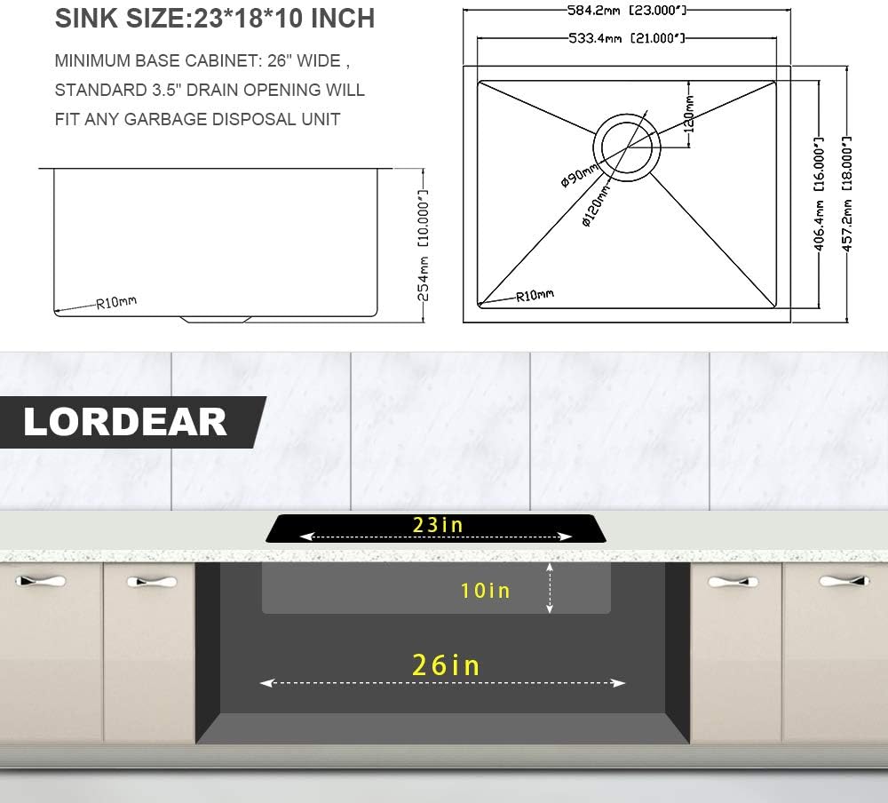 Lordear 23-Inch Small Undermount 16-Gauge Stainless Steel Single Bowl  Kitchen Sink  from Lordear