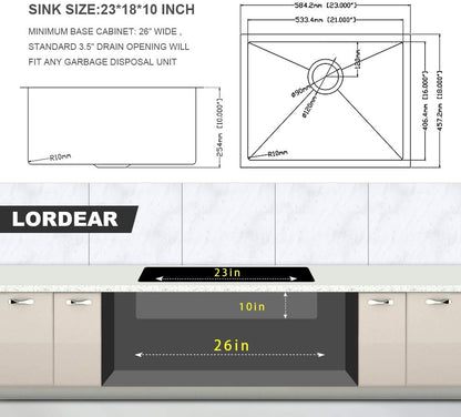 Lordear 23-Inch Small Undermount 16-Gauge Stainless Steel Single Bowl  Kitchen Sink  from Lordear