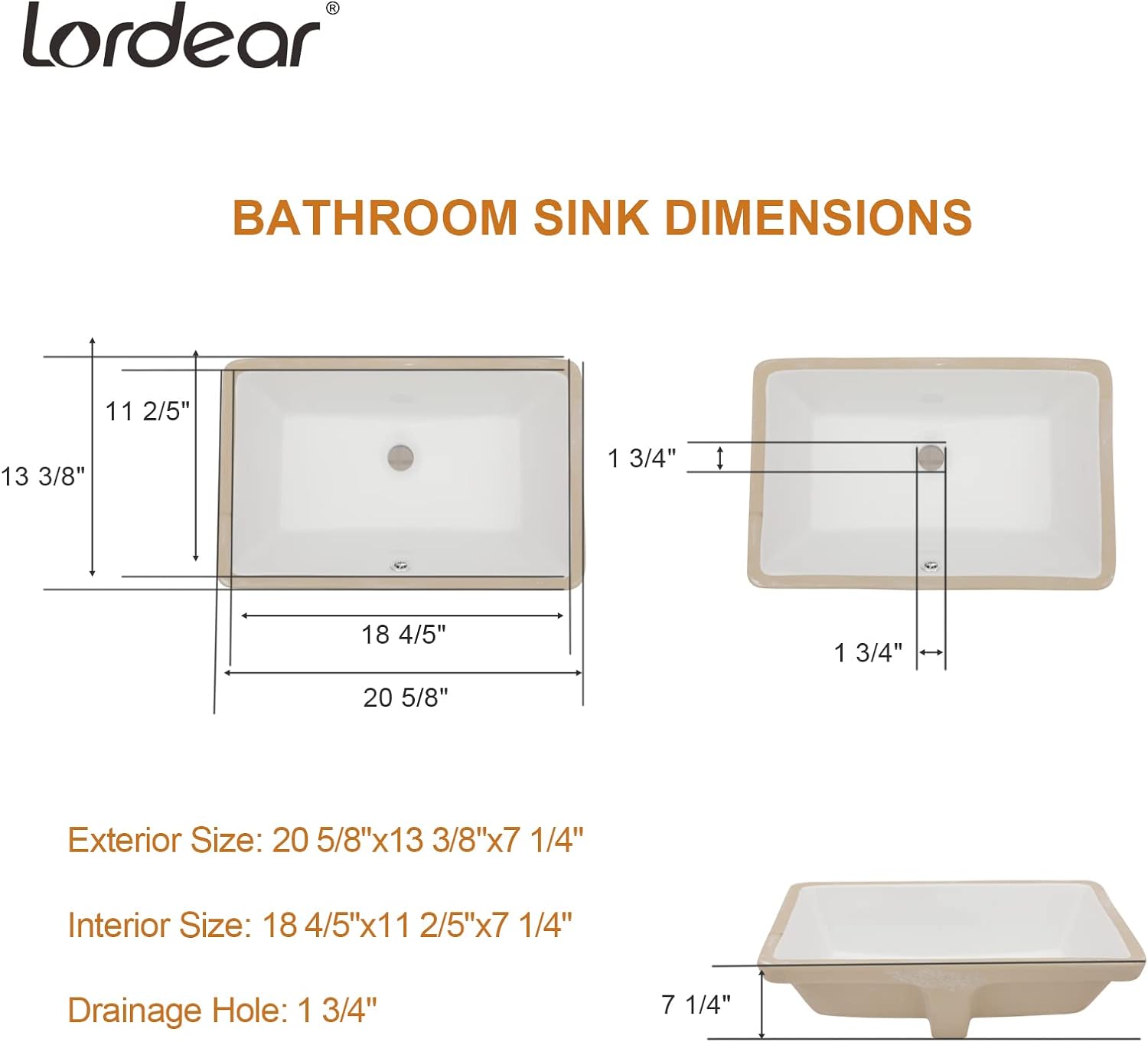 Lordear 21-Inch White Rectangular Undermount Bathroom Sink with Overflow | Bathroom Sink | Lordear