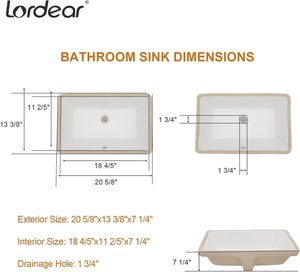 Undermount Bathroom Sink - Lordear Luxury 18.25in White Rectangle Bathroom Sink Deep Bowl Porcelain Ceramic Lavatory Vanity Sink Basin with Overflow | Bathroom Sink | Lordear