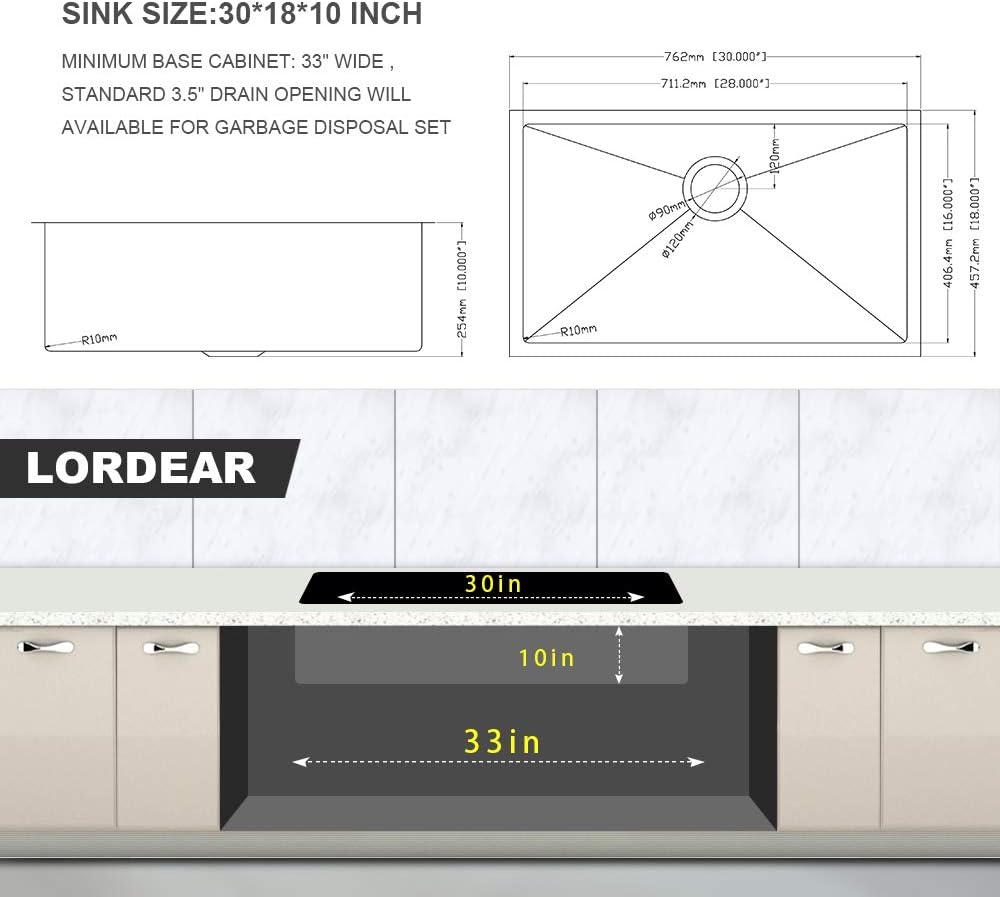 Lordear 30 x 18 inch Undermount Sink 16 Gauge Deep Single Bowl Stainless Steel Kitchen Sink Basin | Kitchen Farmhouse Sink | Lordear