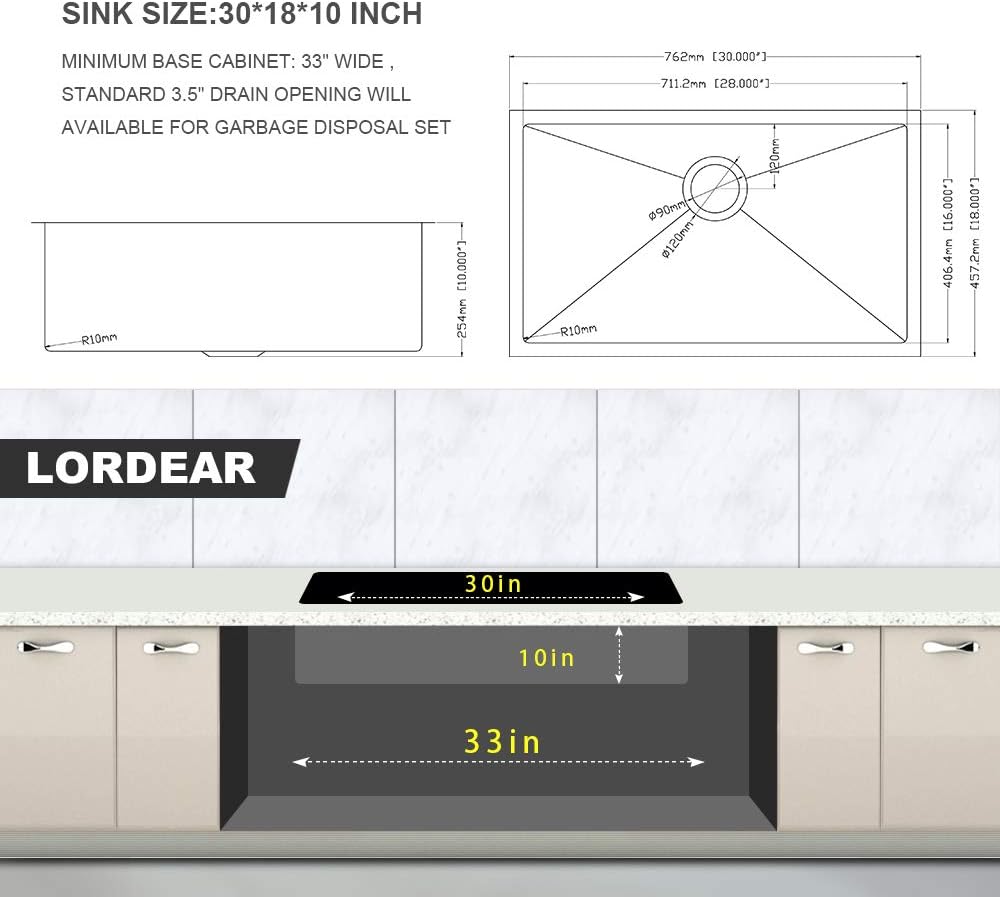 Lordear 30 x 18 inch Undermount Sink 16 Gauge Deep Single Bowl Stainless Steel Kitchen Sink Basin from Lordear