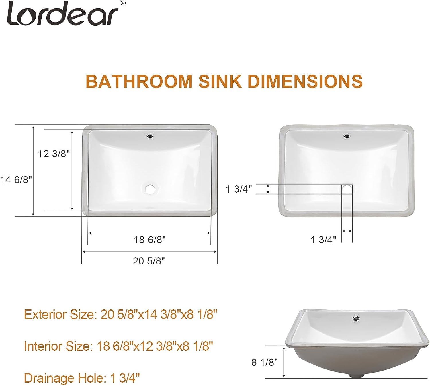 Undermount Bathroom Sink - Lordear Luxury 18.25in White Rectangle Bathroom Sink Deep Bowl Porcelain Ceramic Lavatory Vanity Sink Basin with Overflow  from Lordear